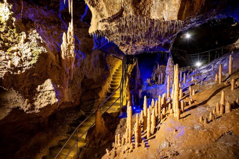 Stalagmites and stalactites in a cave, Devil's Cave Pottenstein, Franconian Switzerland, Franconia,
