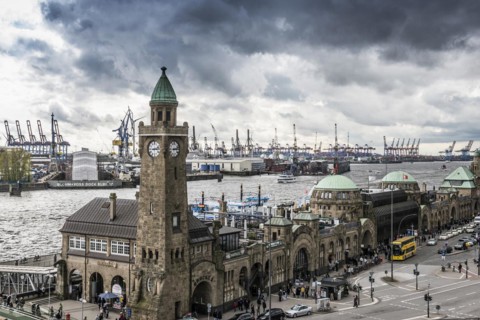 St. Pauli Landungsbrücken with tide gauge tower and Elbe, behind Hamburg harbour, Hamburg, Germany,