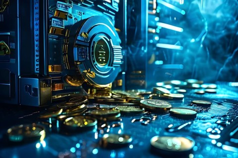 AI generated cyber attack on a bank depicted through a metaphor of shattered locks