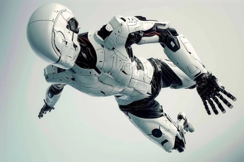 Futuristic humanoid cyborg jumping in front of a white background, AI generated