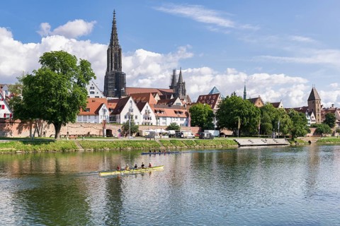 City view, Danube bank with historic old town, fishermen's quarter, butcher tower and cathedral,