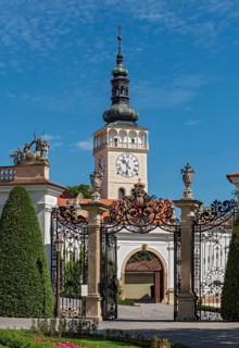 Tower of Church of St. Wenceslaus seen from Mikulov Castle gardens, Czech Republic, Europe
