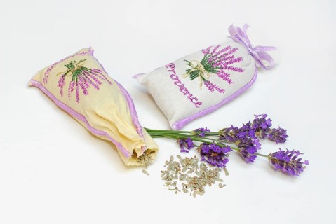 Lavender scented bags (Lavandula angustifolia) and lavender flowers, Provence, South of France,