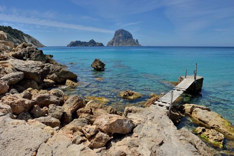 Jetty near the beach of Cala d'Hort, Sant Josep de sa Talaia, Ibiza, Balearic Islands, Spain,