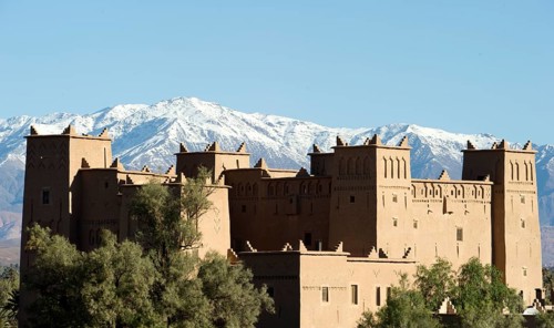 Morocco, Kasbah Hotel, Dades Valley, Valley of the Kasbahs in front of the High Atlas Mountains,