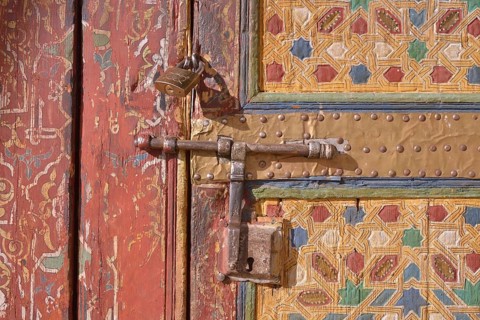 Front door of the Zaouia, mausoleum in the madrasa, Tamegroute, Souss-Massa-Draâ region, Morocco,