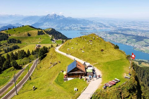 View from Mount Rigi to the city of Lucerne, Lake Lucerne and Pilatus Alps mountains in Rigi,