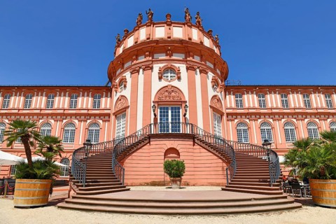 Wiesbaden, Germany, July 2021: Main entrance with stairs of baroque palace called 'Schloss