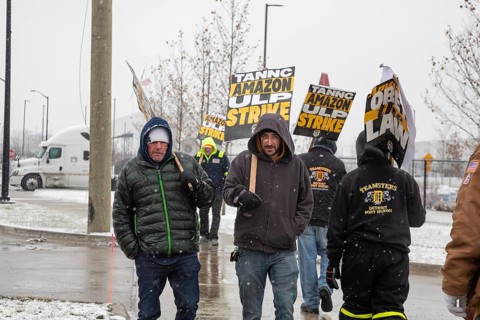 Detroit, Michigan USA - 20 December 2024 - Members of the Teamsters Union picket Amazon's Detroit