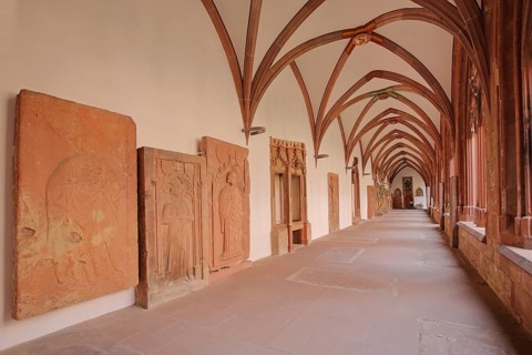 Gothic cloister with cross vault and tomb slabs in Mainz Cathedral, St Martin's Cathedral, built in