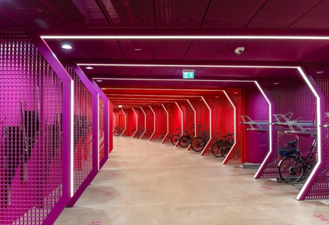Underground car park for bicycles, redesigned Potsdamer Platz station, Sony Center, Berlin,