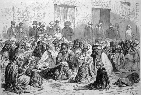 The inhabitants of Setif distributing food to Arab woman and children, 1869, Algeria, Historic,