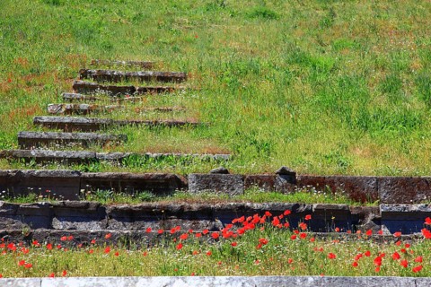 Remains of the audience tiers, steps, The Theatre, Pompeii, ancient city in Campania on the Gulf of