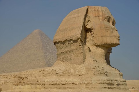 Sphinx or Great Sphinx of Giza, lion with a human head, built in the 4th Egyptian dynasty around
