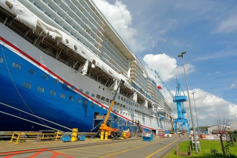 Cruise ship Carnival Jubilee in front of the building dock of Meyer Werft, new building, Papenburg,