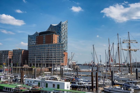 View across Niederhafen harbour to the Speicherstadt warehouse district and Elbe Philharmonic Hall