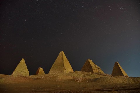 Meroitic pyramids of the northern group in the moonlight, Gebel Barkal, Karima, Northern State,