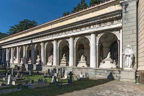 Mountain burial halls with sculptures on the graves, Monumental Cemetery, Cimitero monumentale di