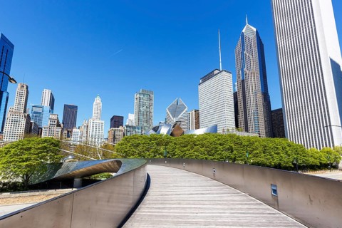 Chicago skyline skyscraper skyscrapers and BP Pedestrian Bridge bridge skyscraper in Chicago, USA,
