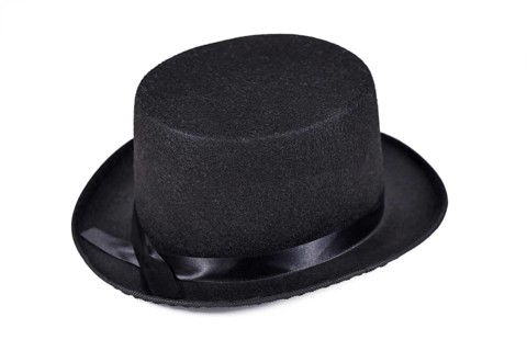 Single black felt top hat on white background