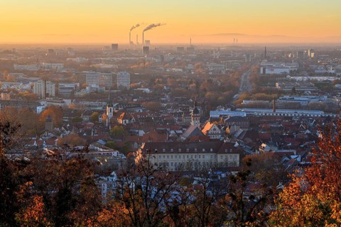 View from the Turmberg towards Durlach with town church and town hall, in the background the city