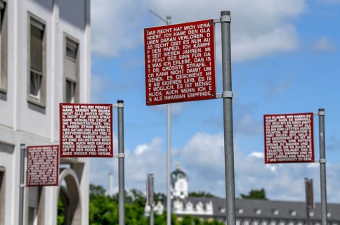 Signs with the German fundamental rights, Platz der Grundrechte, Karlsruhe, Baden-Württemberg,