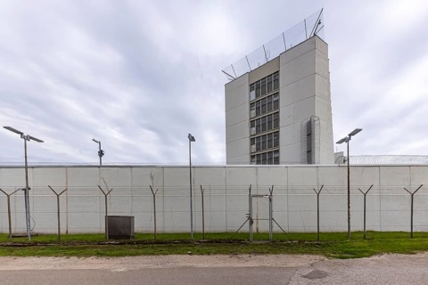 Stammheim Prison, JVA, exterior view of the maximum security prison with prison wall, Stuttgart,
