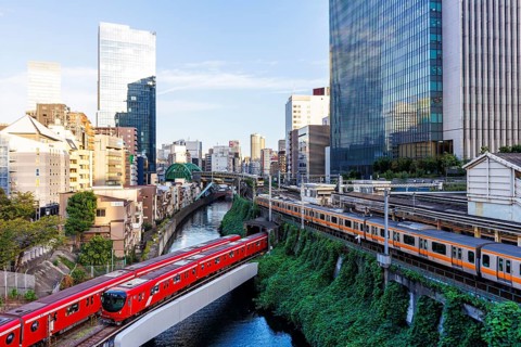 Local transport in Tokyo with trains of the metro and railways of Japan Rail JR in Tokyo, Japan,