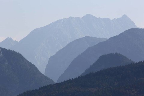Alps in Chiemgau, tiered mountains, blue silhouettes, Chiemgau, Bavaria Germany