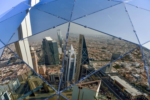 Reflection of the skyline in the glass sphere of Al Faisaliah Tower, Riyadh, Saudi Arabia, Asia