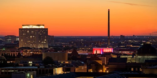 Charité high-rise hospital and the chimney of the Vattenfall combined heat and power plant