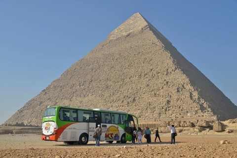 Tourist bus in front of the Pyramid of Chephren, Giza, Egypt, Africa