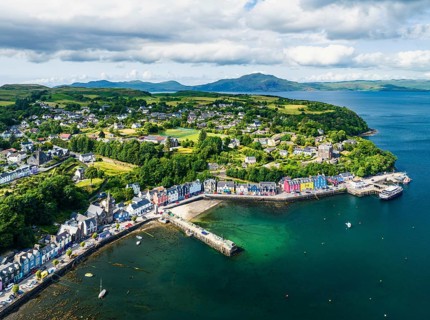 Tobermory from a drone, Isle of Mull, Scottish Inner Hebrides, Scotland, UK