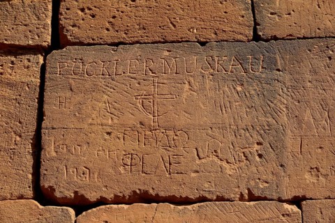 Engraved name of Prince Hermann Ludwig Heinrich von Pückler-Muskau on Hathor temple or Roman kiosk,