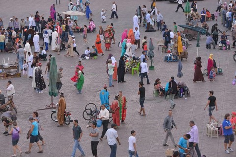 Stalls in the Djemaa el Fna market square, Marrakesh, Marrakesh-Tensift-El Haouz region, Morocco,