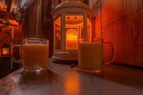 Two glasses of eggnog, wooden stall at the Christmas market at the Schlachte, Hanseatic city of