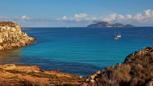 Sailing boats, Levanzo Island, Scogliera di Cala Rossa, Cala Rossa, Favignana, Egadi Islands,
