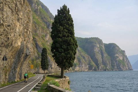 Beautiful cycle path along the eastern shore of Lake Iseo, Pisogne, Province of Brescia, Italy,