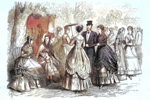 Summer fashion in 1869 in Paris, Noble people walking on Sunday afternoon, France, Historic,