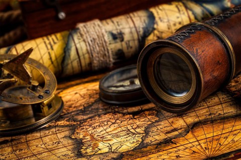 Travel geography navigation concept background, old vintage retro compass with sundial, spyglass on