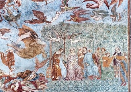 Death with the Scythe turns to a young party, detail from the fresco Il Trionfo della Morte, the