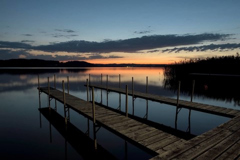Lake Waginger See, jetties after sunset, Kühnhausen, Berchtesgadener Land, Bavaria, Germany, Europe