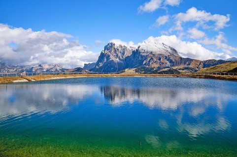 Snow-covered Plattkofel and Langkofel, lake with fish, reflection, Dolomites, Seiser Alm, snow,