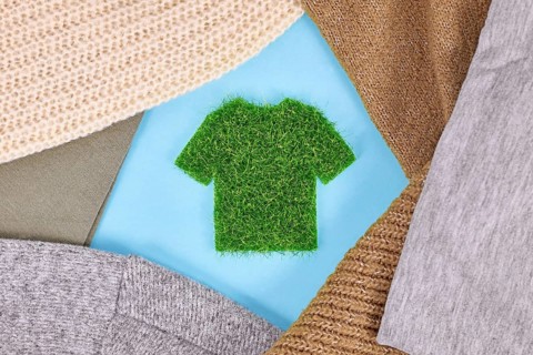 Concept for environmental friendly produced clothing with shirt made out of grass surrounded by