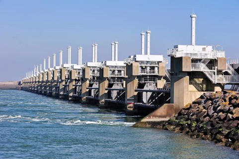 Storm surge barrier, Oosterscheldekering, storm surge barrier of the Oosterschelde at Neeltje Jans,