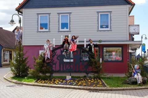 Figures of witches in front of a residential house, Walpurgis Night, St. Andreasberg, Lower Saxony,