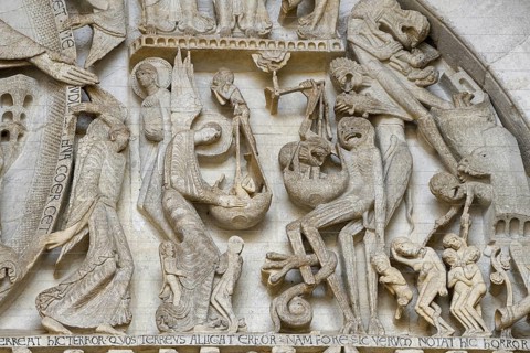 Famous tympanum of Saint-Lazare Cathedral with the Last Judgement, detail, Autun, Département