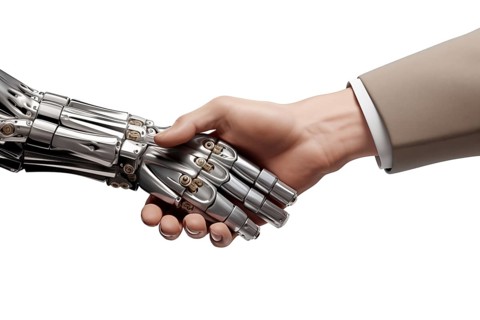 Handshake between a human hand and a robot metallic hand. The image symbolizes partnership, trust,