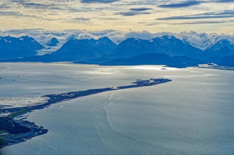 Aerial view of Homer Spit, Homer, Kachemak Bay, mountains of Kachemak Bay State Park, Kenai
