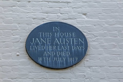 Information board, house where Jane Austen died in 1817, Winchester, Hampshire, England, United